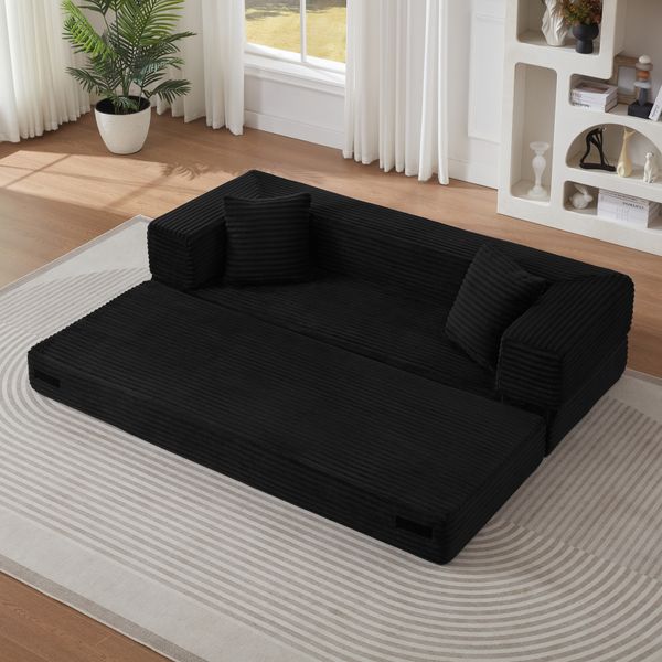 LVHOM Schlafsofa 2 Sitzer mit Seitentaschen, Bodensofa mit schlaffunktion, Klappsofa aus Cord, kein Aufbau erforderlich, Schwarz