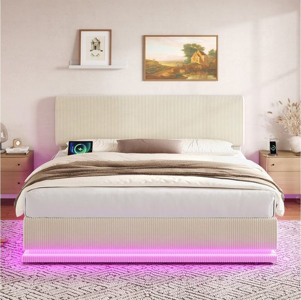 HAUSS SPOLE Polsterbett 140x200 mit Bettkasten&LED,Stauraumbett mit Lattenrost aus Cord,Beige