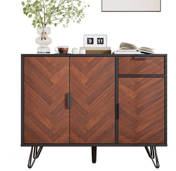 Merax Sideboard im Holzoptik mit Schubladen und 3 Türen (Wohnzimmerschrank, Highboard, Aufbewahrungsschrank mit vielseitiger Stauraum), Kommode mit höhenverstellbaren Einlegeböden, Anrichte, Breit: 90cm