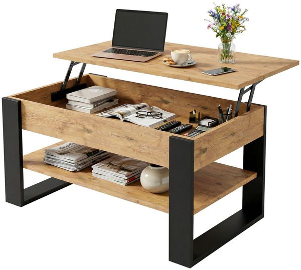 TREND WERK Couchtisch Lift-Couchtisch höhenverstellbar Sofatisch 92×54 cm mit Stauraum, verstecktem Fach Wohnzimmertisch Holz modern