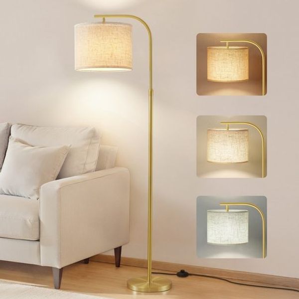 VASAGLE Stehlampe modern mit höhenverstellbarem Bogen, Leselampe mit Fußschalter, für Wohnzimmer, Stoffschirm, E27, gold