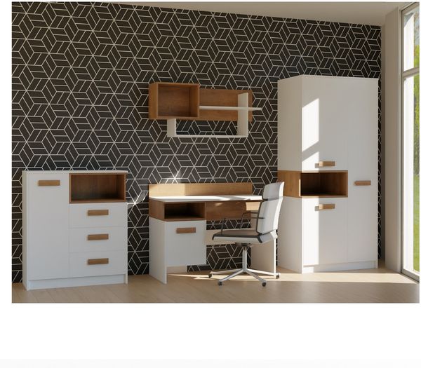 Marmex Möbel Grant Set-R Jugendzimmer-Set 4-teilig mit Kleiderschrank mit Kleiderstange, Schreibtisch, Kommode und Wandregal, Kinderzimmer Komplett Set mit Schreibtisch, laminierte Spanplatte, weiß+riviera Eiche, 286x195x55 cm