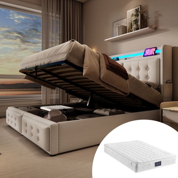 Polsterbett mit LED, USB-Anschluss & Stauraum, 140x200 cm, Baumwoll-Leinenstoff, Beige, mit Matratze