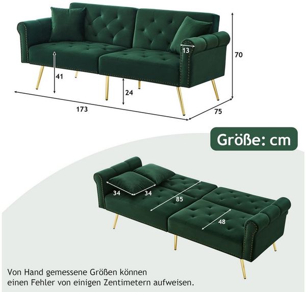 Celya Schlafsofa Modernes 2-Sitzer-Schlafsofa, Samtbezug, vergoldete Metallfüße Stilvolles Sofa, Rückenlehne mit 3-stufiger Verstellung