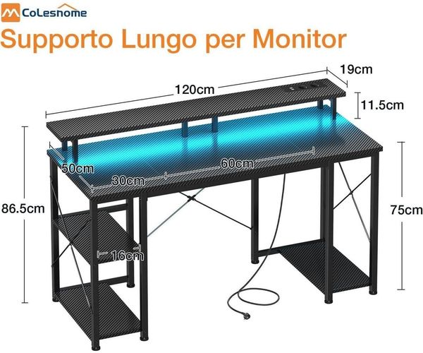 Gaming Tisch LED-Beleuchtung Monitorständer USB-Stauraum 120x50cm Bild 3