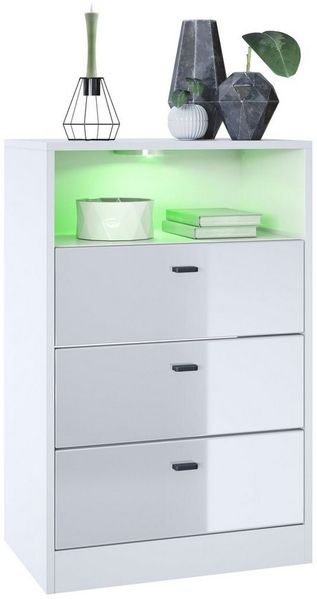 Vladon Kommode Pino V2, Anrichte mit 3 Schubladen & 1 offenem Fach, Weiß matt/Weiß Hochglanz (56 x 86,5 x 36 cm), mit RGB LED-Beleuchtung