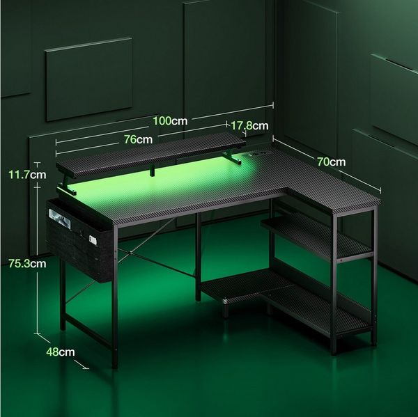 ODK Gamingtisch L Form mit LED-Beleuchtung, 100cm in schwarz mit Kohlefaser-Optik (1-St), Computertisch mit integrierter Steckdose – ideal für Gaming und Büro