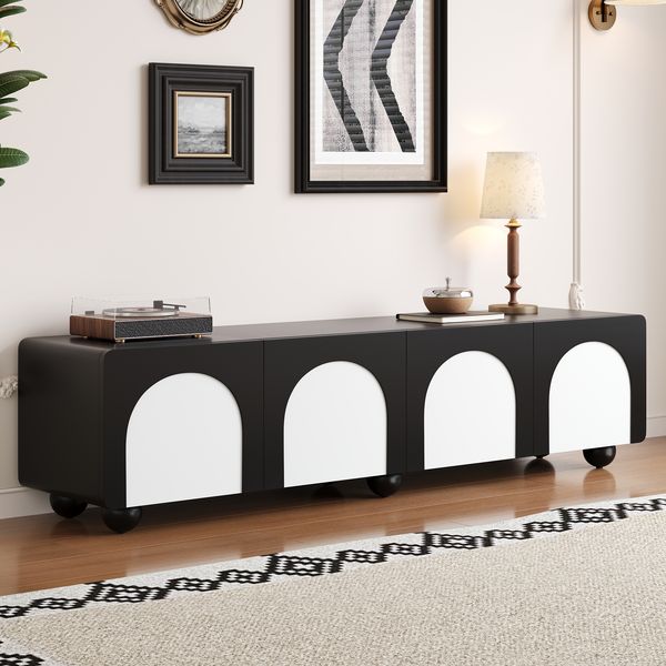 TV-Lowboard Schwarz Weiß 180 cm, moderner TV-Schrank mit Schubladen, Doppeltüren, Kabelmanagement, Sideboard für Wohnzimmer