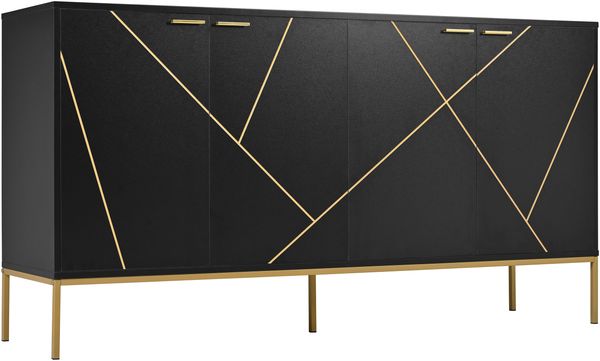 Sideboard mit vier Türen & goldenen Metalldekorlinien, moderner TV-Schrank Kleiderschrank mit verstellbaren Metallfüßen, schwarze Kommode aus Spanplatte 150 x 40 x 80 cm für Wohnzimmer Esszimmer Bild 4