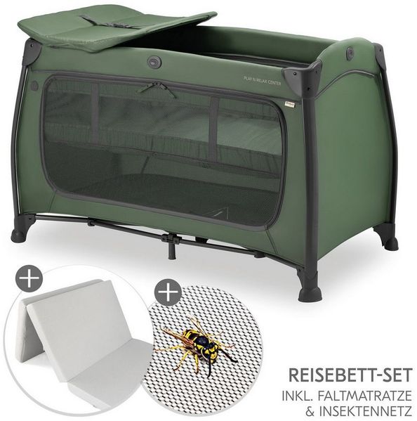 Hauck Baby-Reisebett Play N Relax Center Set - Dark Green, Babyreisebett mit Matratze, Insektenschutz, Wickelauflage & Einhang