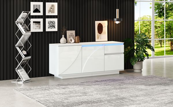 Sideboard 140x40x60 cm, Hochglanz Weiß mit LED, 3 Schränke & 1 Schublade, verstellbare Einlegeböden