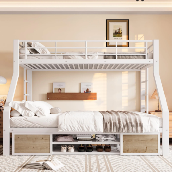 Etagenbett mit 2 Liegeflächen, Lattenrost, Regalschrank und Rausfallschutz 90x200 cm/140x200 cm, Metallbett mit Rausfallschutz, Kinderbett