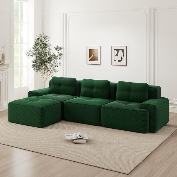 Cloud Modulsofa Boneless L-förmiges Sofa,Modulares Sofa mit Ottoman Modulares Cloud-Sofa 3-Sitzer Corduroy-Cloud-Sofa für Wohnzimmer Montagefreies Sofa,Corduroy,Grün,