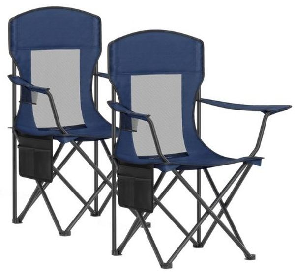 SONGMICS Campingstuhl 2er Set, Klappstuhl Outdoor, Angelstuhl, hohe Rückenlehne, verstellbare Armlehnen, Getränkehalter, klappbar, bis 150 kg belastbar, Camping Garten, hafenblau GCBDE028Q01