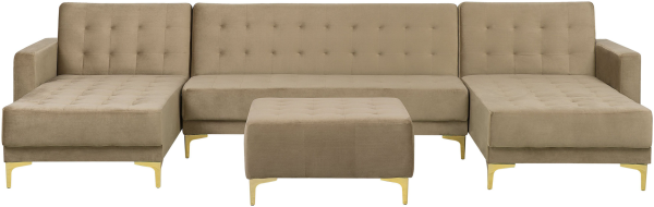 Schlafsofa U-förmig Samtstoff sandbeige mit Ottomane ABERDEEN