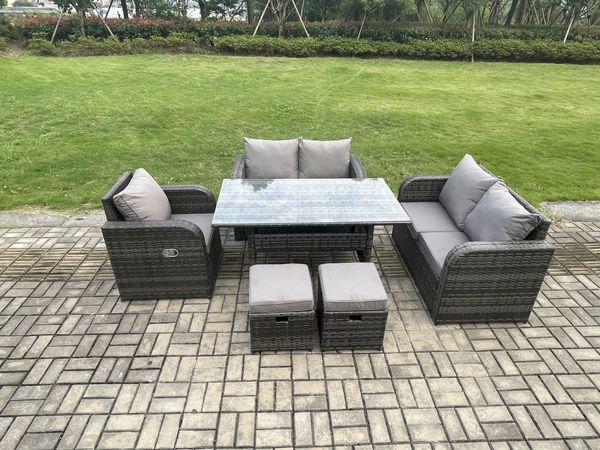 Fimous 7 Sitzer Rattan Garten Sofa Set Gartenmöbel Langer Rechteckiger Esstisch mit Sesseln Hockern Dunkelgrau gemischt