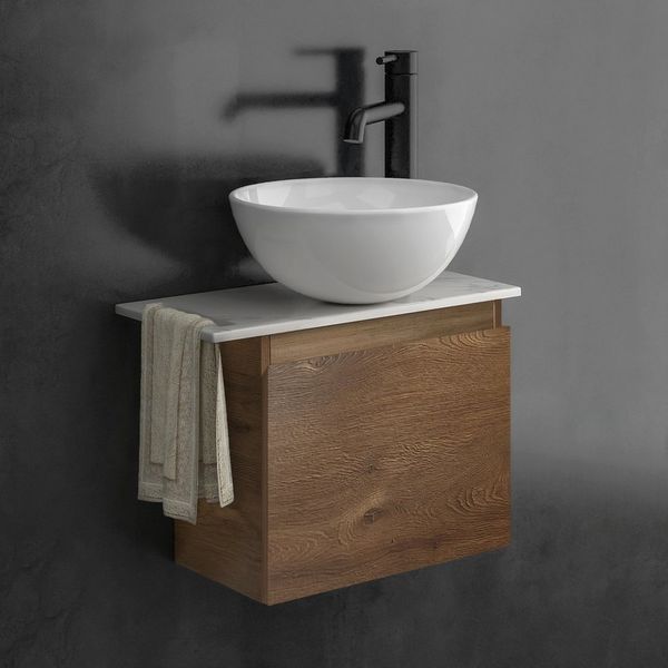 Alpenberger Badmöbel-Set mit Aufsatzwaschbecken Waschtisch mit Unterschrank & Keramikplatte, (Waschtischunterschrank mit Softclose, Waschbeckenunterschrank hängend), Gäste WC Waschbecken mit Unterschrank und Waschtischplatte