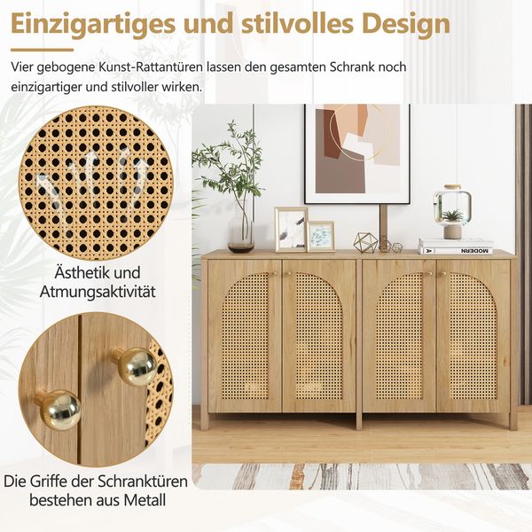 Merax Modernes Sideboard im minimalistischen Stil 4-Rattantür, Metallgriff einfaches Buffetschrank für Esszimmer, Wohnzimmer, Küche (Naturholz) Bild 6