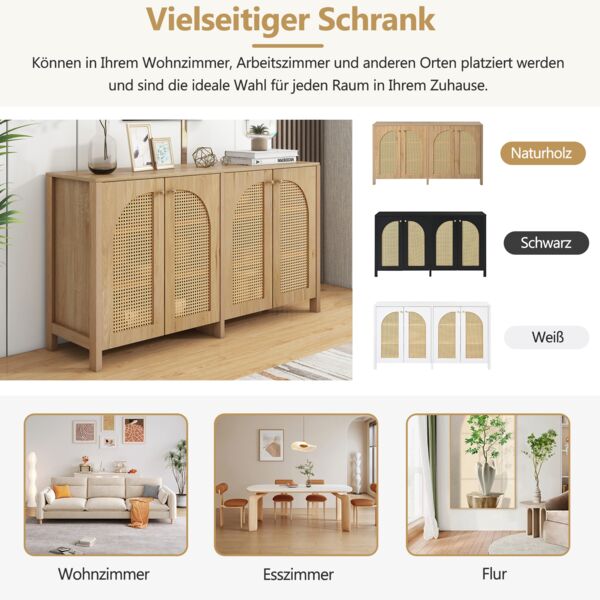 Merax Modernes Sideboard im minimalistischen Stil 4-Rattantür, Metallgriff einfaches Buffetschrank für Esszimmer, Wohnzimmer, Küche (Naturholz) Bild 5