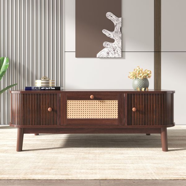 Couchtisch, Rattan-Kaffeetisch, Schubladen mit Rattan und Schiebetüren mit Massivholzlatten, Massivholzbeine, Natürlicher Landhausstil