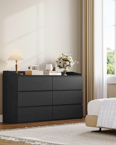 Kommode 138 cm, Kommode mit 6 Schubladen, Seitenschrank mit Arbeitsfläche, Spind mit Oberem Geländer, Geeignet für Wohnzimmer und Schlafzimmer, 40 x 138 x 84 cm, Schwarz