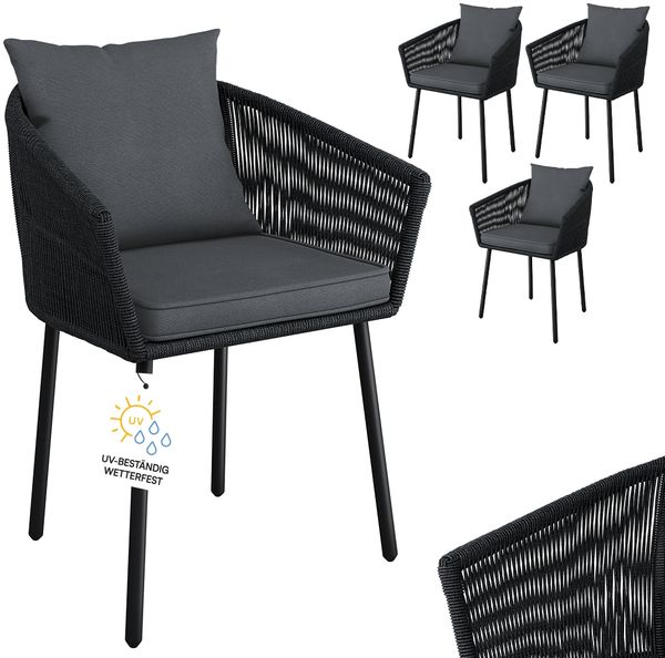 STEELSØN 'Nair' 4er-Set Polyrattan-Gartenstuhl inkl. Kissen, schwarz, wetterfest, bis 160 kg belastbar
