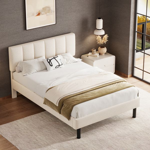 Polsterbett, Eisenfüße, Lattenrost, schlichtes Design, Matratze nicht im Lieferumfang enthalten, Sherpa-Stoff, Beige, 140 x 190 cm