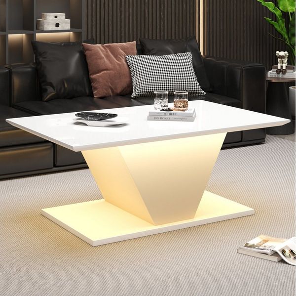 KLAM HOME Couchtisch 100*50*46 cm Couchtisch Sonderform, Kaffeetisch mit LED-Leuchten (hochglänzende Wohnzimmertisch, Sofatisch,Beistelltisch), geeignet für kleine Räum,Weiß,V-Form