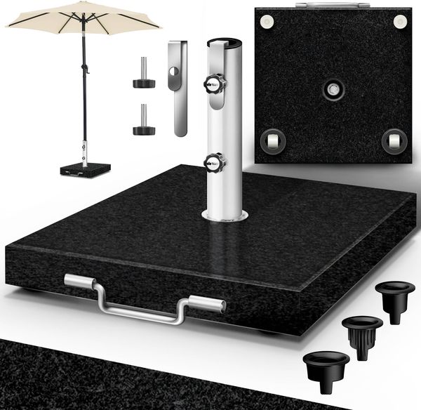 tillvex® Granit Sonnenschirmständer mit Rollen & Transportgriff Schwarz - 27 kg Eckig | Schirmständer Sonnenschirm mit Edelstahlrohr | Balkonschirmständer für Schirmstöcke 16-48 mm & 250 cm Schirmdurchmesser