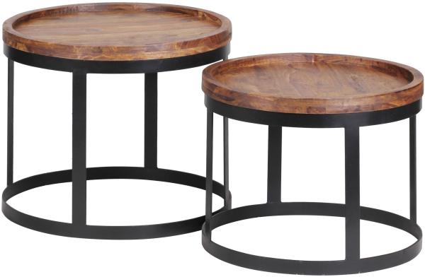 Kadima Design Beistelltisch-Set "Indi": 2er Set, runde Tischplatten, Metallgestell, Massivholz, naturbelassen. Braun, 53x53x45 cm