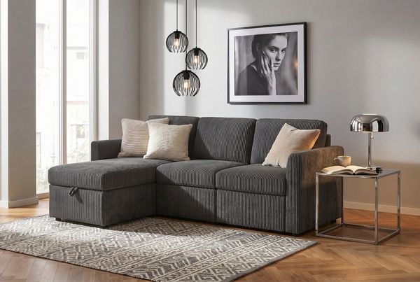 Dorel Home Ecksofa NORDHUS, L-Form, 200 cm, Recamiere rechts/links montierbar, Recamiere, Stauraum, Cord und feiner Webstoff-Bezug