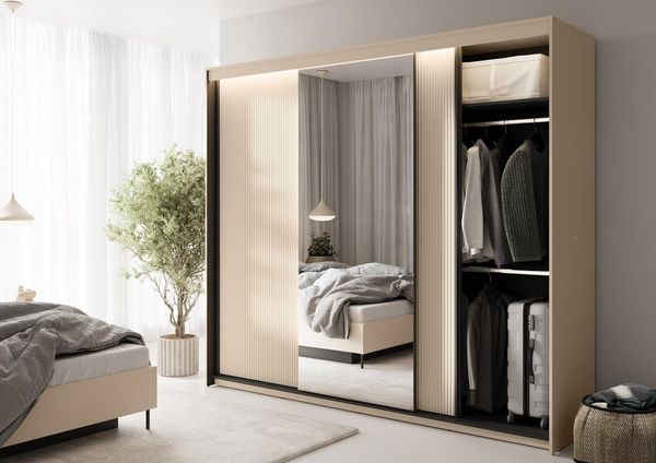 Compleo Schwebetürenschrank mit Lamellen, geräumig Kleiderschrank, Elegant Schlafzimmer, Flur
