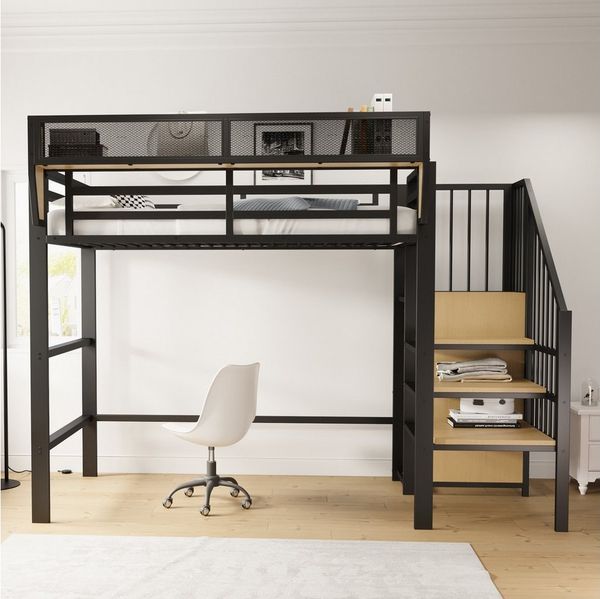 Odikalo Hochbett Kinderbett Metallbett Leiter Fallschutz Staufach 90x200 Weiß/Schwarz