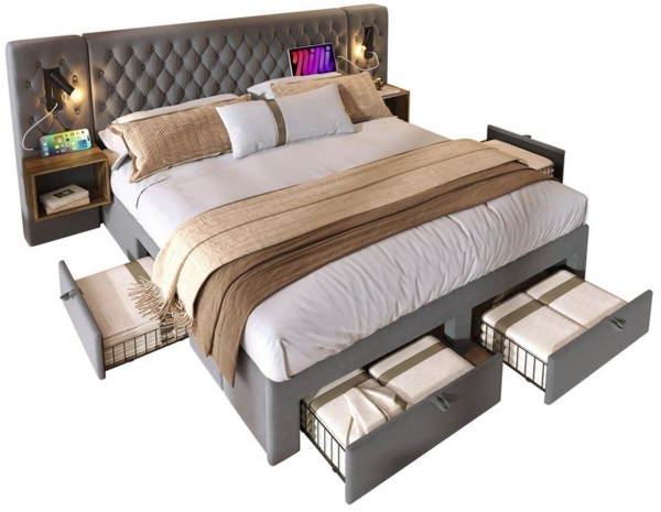 OKWISH Polsterbett Bettanlage Schlafzimmer Komplett Set (Doppelbett, 1-tlg, 180 ×200 cm, Ohne Matratze), mit 2 Nachttischen, 4 Schubladen, Leselicht mit USB Ladefunktion