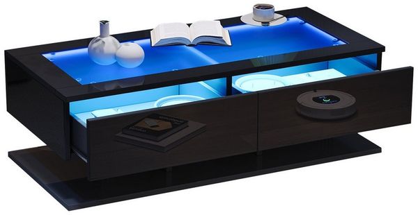 Merax Couchtisch hochglanz Sofatisch Beistelltisch mit LED-Beleuchtung inkl. App (1-St), Wohnzimmertisch mit 2 Schubladen und gehärtete Glasplatte, 100x50x35cm