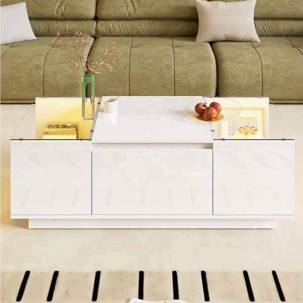 Merax Couchtisch Sofatisch Beistelltisch mit LED-Beleuchtung (1-St, 105 L x 50 B x 35 H (cm), Wohnzimmertisch mit 2 Schubladen, Glasplatte & offenen Stauraum
