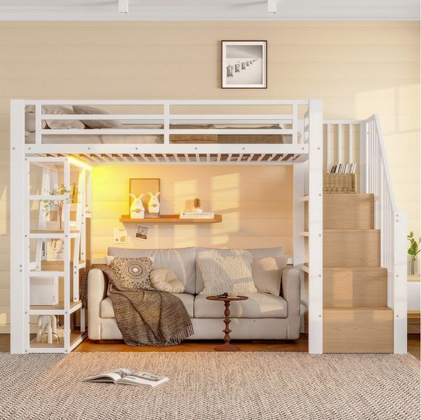 OKWISH Kinderbett Hochbett Metallbett (mit LED-Lichtleiste, integriertem Ablagefach und offenem Stauraum, 90x200 cm), ohne Matratze