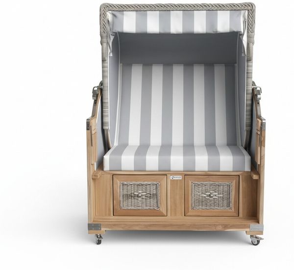 Strandkorb Teak white washed, grau / weiß PVC, 2 Sitzer Voll-Liegemodell