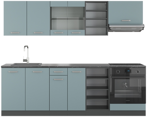 Küchenzeile R-Line Blau-Grau/Anthrazit 240 cm , AP Anthrazit Vicco