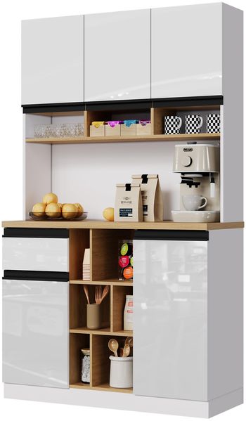 FurnitureR Küchenhochschrank, hoher Küchenschrank 105 x 45 x 185 cm, Weiß, MDF Vorratsschrank mit 5 Türen und 1 Schubladen, Hochglanzfronten, für Moderne Küchen, Nischen und Esszimmer