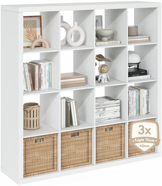 Furinno Cubicle Bücherregal, 16-Würfel Bücherregal, Cube-Organizer mit dreifach dickem Rahmen, Bookcase, 15.4 x 57.4 x 56.9, für Homeoffice, Wohnzimmer, Reinweiß, Plain White