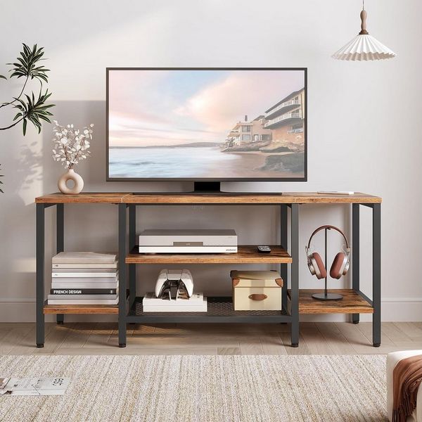 Hoobro TV-Schrank TV-Lowboard 120 cm, Fernsehschrank im Industrie-Design (TV-Schrank mit 2 offenen Fächern & Stauraum, Medienkonsole für Wohnzimmer) für Fernseher bis 55 Zoll, Vintage Braun/Schwarz