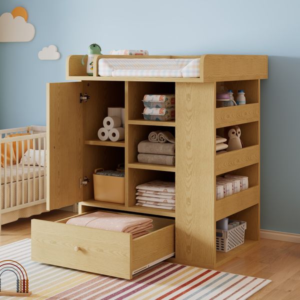 Merax Wickelkommode Naturfarben, mit Schublade, Schrank & Stauraum, Handtuchhalter, Wickelplatz mit Trennwänden, natürliches Holzdesign