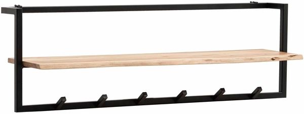 Garderobe aus Massivholz Akazie mit Baumkante 100 cm - Industrial Wandgarderobe mit Ablage & 6 Haken - Garderobenleiste mit Metallrahmen Schwarz Handgefertigt