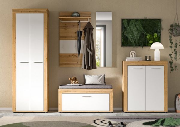 Home affaire Garderoben-Set AOSTA, Breite 285cm, 6-teilige Garderobenkombination, (Set, 6-St, best. aus: Schrank, Sitzbank, Sitzkissen, Paneel, Spiegel & Kommode), Flurkombination, Kombination, Garderobe, Dielen-Set, Garderobenmöbel