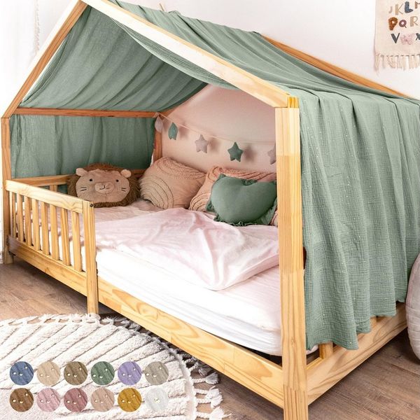 lilimaus Betthimmel Single Hausbett Himmel Gold aus 100% Baumwolle - 12 Farben (1-tlg), Musselin Betthimmel Goldsterne für einseitiges Hausbett