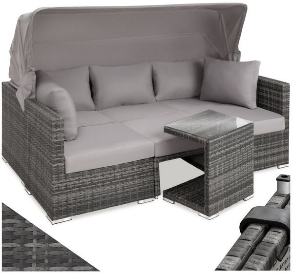 tectake Loungeset Rattan Sitzgruppe mit Sicherheitsglasplatte, für 5 bis 6 Personen, (Gartenlounge-set San Marino, 7-tlg, geeignet für Outdoor in Grau), wetterfest und UV-beständig, Dicke der Polster 10 cm