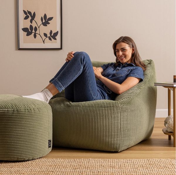 Icon Natalia Sitzsack Sessel mit Hocker für Erwachsene, Salbeigrün, Flauschiger Cord Stoff, Riesen Sitzsack Cord mit Füllung, Bean Bag Chair, Bequemer Sessel Wohnzimmer, Lounge, Schlafzimmer, Büro