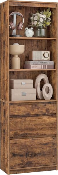 VASAGLE Kailyn Kollektion - Bücherregal, Hochschrank, 3 unterschiedlich große Schubladen, verstellbare Ablagen, Wohnzimmer Schlafzimmer Arbeitszimmer, modern, platzsparend, vintagebraun LBC188KD01