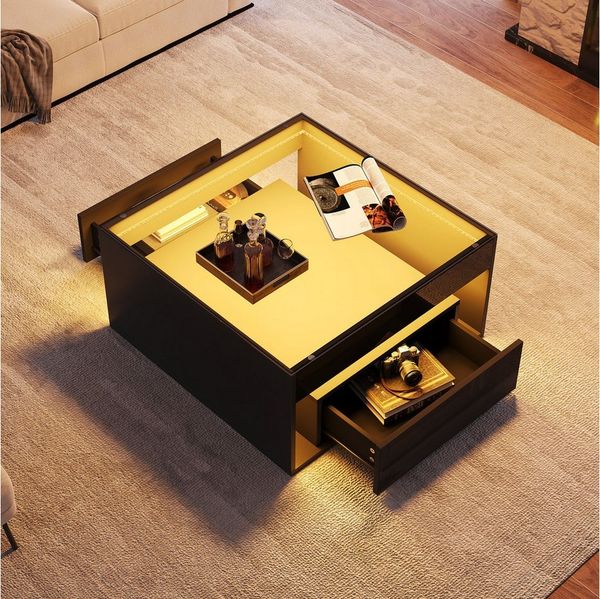 STILVORA Couchtisch schwarz Kaffeetisch LED Wohnzimmertisch mit Stauraum Hochglanz (Packung, 1-St, Hochglanz-kaffetisch,Wohnzimmertisch mit durchbrochenem Design), Schreibtisch und Esstisch aus gehärtetem Glas